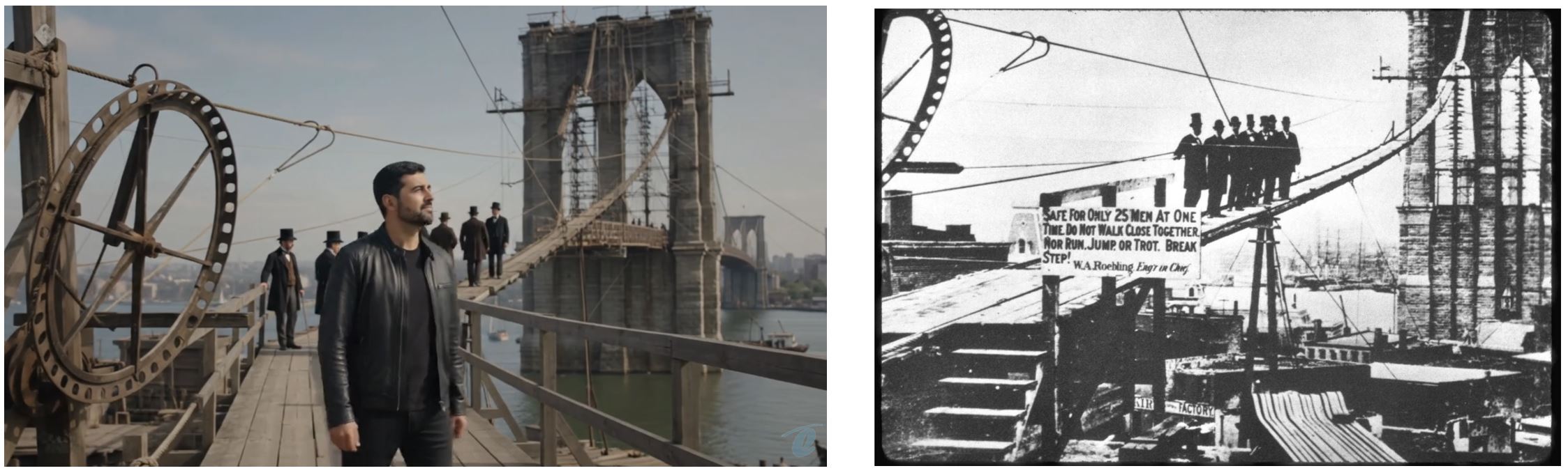 Escena documental de estructurando comparado con el puente de Brooklyn en construcción